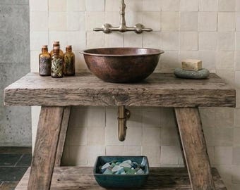 Mobile bagno in legno di recupero, supporto lavabo rustico in stile fattoria, consolle lavabo realizzata a mano