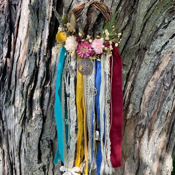 Beltane Mini Wreath – Witch’s Bells Door Charm, Fairy Garden Decor, Green Witch Protection.