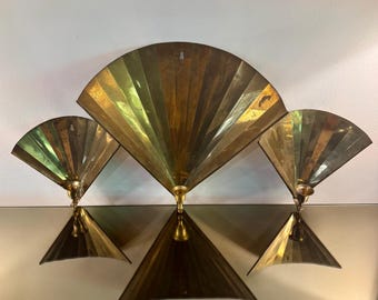 Set of 3 Antique 1920s Art Deco Brass Fan Candlestick Wall Sconces