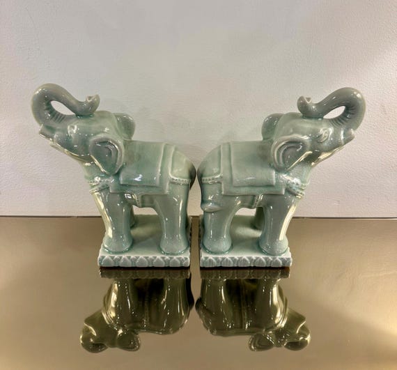 Vintage Thai Celadon Elephant Figurines Pair