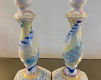 Pair of Vintage Handmade Ceramic MacKenzie Childs-Style Candlesticks