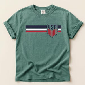 Puede incluir: Una camiseta de manga corta color verde salvia con un gr&aacute;fico en el pecho que presenta tres franjas horizontales en azul marino, blanco y rojo. A la derecha de las franjas hay un emblema de escudo con el texto USA sobre franjas rojas verticales.