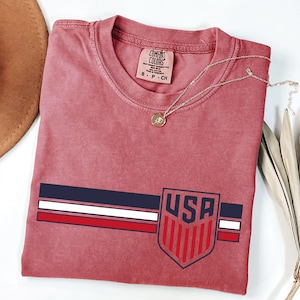 Puede incluir: Una camiseta de cuello redondo en color rosa empolvado con un dise&ntilde;o gr&aacute;fico de tres franjas horizontales en azul marino, blanco y rojo. A la derecha, un emblema en forma de escudo contiene el texto USA sobre franjas verticales rojas.