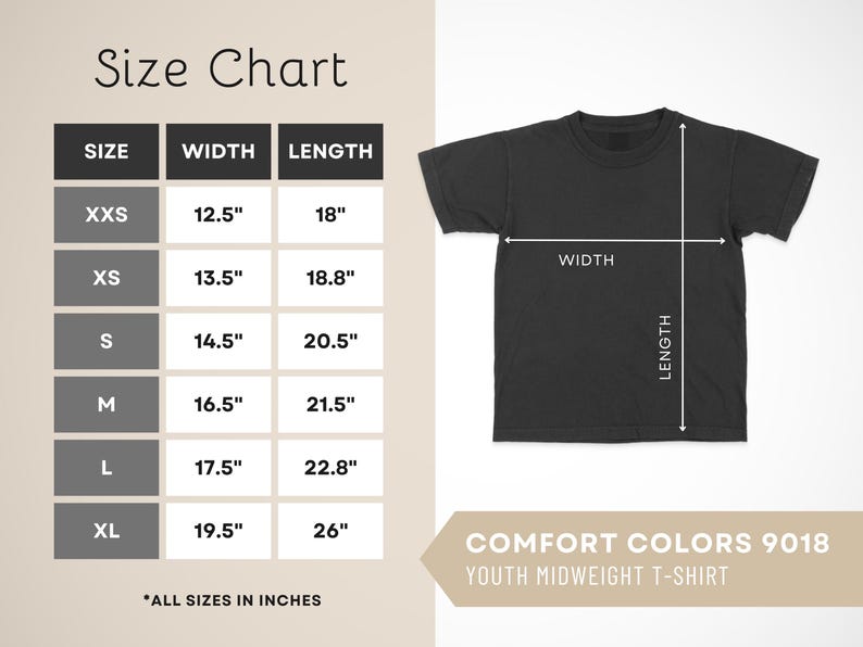 May include: Black youth midweight t-shirt with a size chart. The chart shows measurements in inches for width and length, ranging from XXS to XL. The shirt is labeled as Comfort Colors 9018.