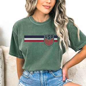 Puede incluir: Una camiseta de manga corta color verde salvia con un dise&ntilde;o gr&aacute;fico horizontal. El dise&ntilde;o consta de tres franjas paralelas en azul marino, blanco y rojo, cruzadas por un emblema en forma de escudo con el texto USA sobre rayas rojas verticales.
