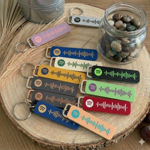 Könnte beinhalten: Eine Sammlung farbenfroher Schlüsselanhänger mit Spotify-Code-Design. Die Schlüsselanhänger sind in verschiedenen Farben erhältlich, darunter Rosa, Blau, Gelb, Schwarz, Grün und Rot. Jeder Schlüsselanhänger hat einen Metallring.