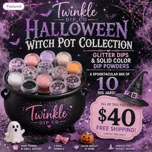 May include: A black cauldron filled with ten 15g jars of glitter and solid color dip powders from the Twinkle Dip Co Halloween Witch Pot Collection. The set includes a small ghost figurine, a pumpkin, and a black witch hat with a purple band.