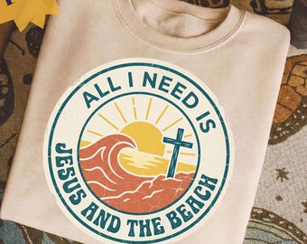 Jesus and the Beach PNG, Christian Summer Sublimation Design, Retro Ocean Wave Cross Digital Download, Faith Based DTF Transfer