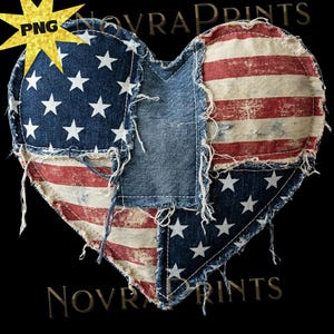 Op de afbeelding: Een hartvormig ontwerp gemaakt van versleten denim en stof, met de sterren en strepen van de Amerikaanse vlag. Het ontwerp heeft een vintage, patriottische esthetiek met gerafelde randen en een zwarte achtergrond.