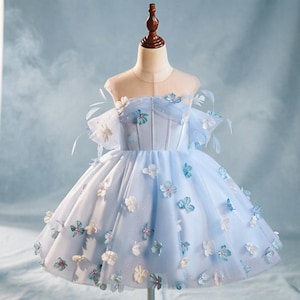 light blue toddler dress formal Tip Top Blue Party Dress with Metallic Lace and Tie Back 6 Months / Blue