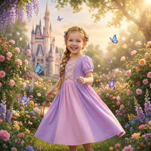 Könnte beinhalten: Ein junges Mädchen in einem lavendel- und rosafarbenen Kleid mit goldenen Korsettdetails, das eine Laterne hält, lächelt in einem Garten. Schmetterlinge flattern um sie herum, mit einem Schloss im Hintergrund. Die Szene ist voller Blumen und Grün.