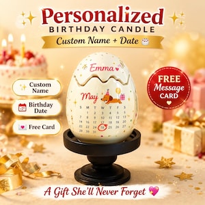 Personalized Egg Candle Gift, Custom Name Date Birthday Candle, Handmade Aromatherapy Candle with Card, Unique Keepsake Gift for Her Kids