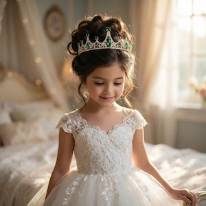 Puede incluir: Una niña con un vestido de encaje blanco y una corona dorada con piedras preciosas verdes. La corona está sobre su cabello oscuro, peinado en un moño. El vestido tiene un corpiño detallado y una falda fluida.
