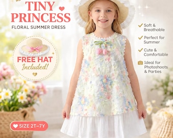 Toddler Girl Dress with Hat Summer Floral Dress Kids Party Dress Sleeveless Princess Dress Girls Birthday Outfit Cute Casual Dress for Girls