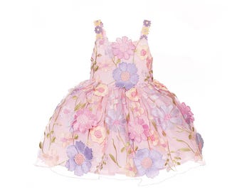 Sukienka dla dziewczynki sypiącej kwiaty, różowa, haftowana, dla malucha, z bufiastym tiulem, na przyjęcie urodzinowe, suknia ślubna dla dziewczynki, sukienka wróżki