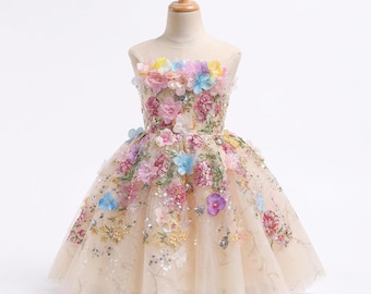 Bloemenmeisjesjurk, champagnekleurige prinsessenjurk, tule jurk met bloemenprint, verjaardagsjurk voor meisjes, feestjurk voor een bruiloft, sprankelende feeënjurk