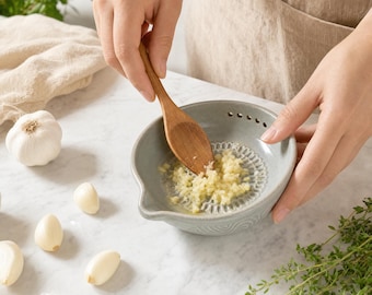 Handmade Ceramic Garlic Grater, Herb Bowl, 5-Hole Kitchen Prep Dish, Rustic Farmhouse Cooking Tool, Small Spice Grinder Bowl