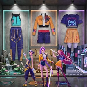 Puede incluir: Tres conjuntos de ropa deportiva colorida se exhiben en marcos iluminados. Los conjuntos incluyen un top corto turquesa y pantalones azules, una chaqueta amarilla y pantalones cortos azules, y un top corto morado y una falda naranja. Tres figuras animadas están en primer plano.