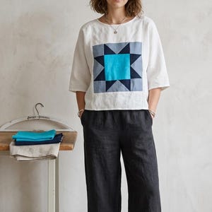 Oversized Linen Blouse with Patchwork Star | Handmade 100% Polish Linen Top | Eco Friendly Sustainable Fashion | Cream White