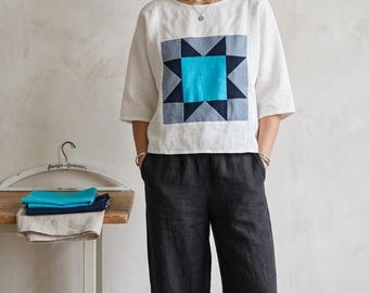 Blusa oversized de linho com estrela em patchwork | Blusa feita à mão em linho 100% polonês | Moda sustentável e ecológica | Branco creme