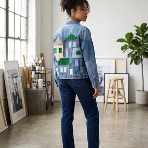 One of kind Upcycled Denim Jacket with Handmade Patchwork Houses | Eco friendly Boho Jean Jacket | Unique Wearable Art | Size S/M