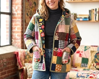 Jaqueta acolchoada oversized com capuz | Jaqueta colorida de algodão feita à mão | Casaco boho exclusivo | Com botões de coco