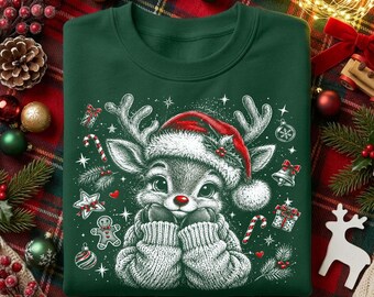 Preppy Christmas Reindeer PNG, Retro Christmas Reindeer Png, Reindeer Png, Halftone Coquette Christmas Reindeer, Halftone Christmas Png