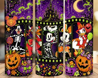 Halloween Cartoon Mouse And Friends 20oz Tumbler Wrap Design, Alien Cartoon Halloween Skinny Tumbler, Horror Movie 20oz Tumbler png