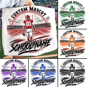May include: A white fabric featuring a graphic of a football player in a stadium with the text CUSTOM MASCOT and SCHOOL NAME. The design is shown in six color variations including red, green, orange, purple, blue, and black, each with a player wearing a jersey numbered 01.