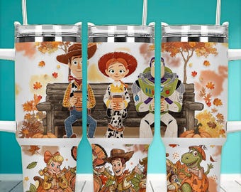 Retro Fall Cartoon Toy 40oz Tumbler Wrap PNG, Pumpkin Toy and Friends Character Tumbler,Autumn Halloween Tumbler Design, Digital Sublimation