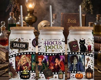 Retro 90s Halloween Libbey Glass Can Png, Vintage Movie Characters 16oz Glass Can Wrap Png, Spooky Season Sublimation Design, Halloween Png