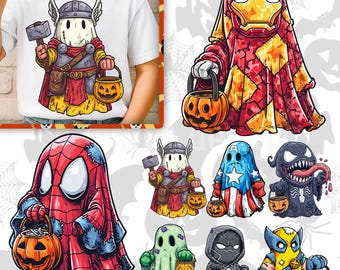 8 Halloween-superhjälte-png-paket, trendig pojke i Halloween-png, spindel-Halloween-filmkaraktärer-png, läskiga hjältar-png, pumpasäsong-png