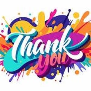 Op de afbeelding: Een grafische illustratie met de witte tekst Thank you in een vetgedrukt scriptlettertype. De tekst is geplaatst over een levendige, veelkleurige achtergrond bestaande uit abstracte verfspatten in tinten blauw, paars, geel en oranje.