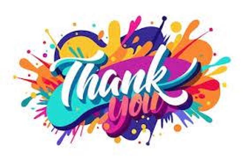 Op de afbeelding: Een grafische illustratie met de witte tekst Thank you in een vetgedrukt scriptlettertype. De tekst is geplaatst over een levendige, veelkleurige achtergrond bestaande uit abstracte verfspatten in tinten blauw, paars, geel en oranje.