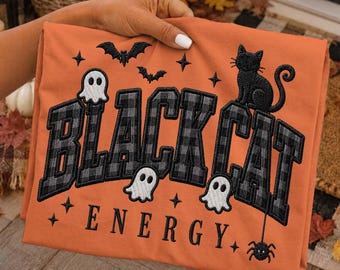 Black Cat Energy PNG, Halloween Vintage Distressed Retro Faux Yarn Png, Trendy Fall Shirt Design, Spooky Season Png, Back Cat Png
