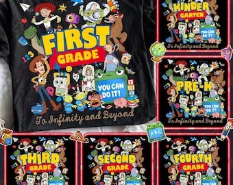 May include: A black t-shirt featuring a colorful graphic print of various animated characters from the Toy Story franchise. The design includes the text FIRST GRADE and To Infinity and Beyond, along with illustrations of Woody, Buzz Lightyear, and other characters.