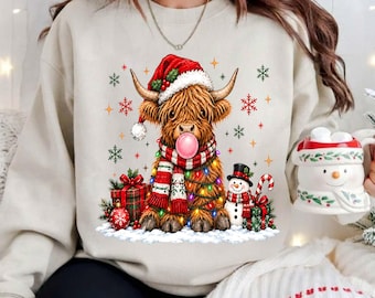 Christmas Highland Cow Png, Christmas Animal Png, Funny Cow Png, Highland Cow Bubble Gum Png, Merry Christmas Png