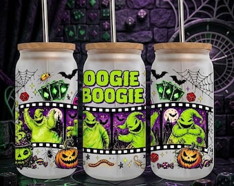 Retro-90er-Jahre-Halloween-Glasdose von Libbey (PNG), Filmfiguren mit grünem Monstermotiv (16 oz) (PNG), Sublimationsdesign für die Gruselsaison