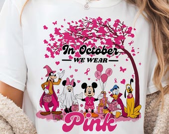 Cartoon Mouse And Friends Breast Cancer Awareness Png, Retro Floral Pink Ribbon Png, In October We Wear Pink Png