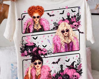 In October We Wear Pink PNG, Breast Cancer Awareness Halloween Sublimation Design, Retro Witch Sisters Digital Download, Spooky Pink Ribbon