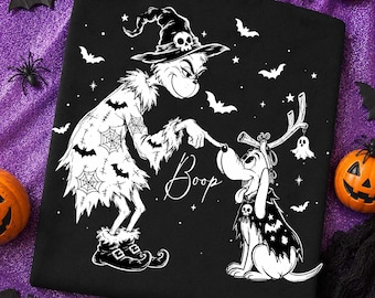 Halloween Dog Shirt, Witch Boop Nose Tee, Spooky Skeleton Witch and Puppy Design, Funny Dog Mom Gift, Spooky Season Crewneck