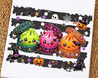 Glitter Halloween Dumpling Clipart PNG Bundle, Cute Kawaii Halloween Dumpling Clip Art, Sparkly Spooky Food Characters, Digital Download