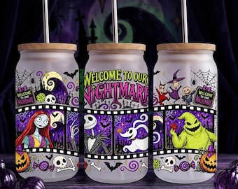 Retro 90s Halloween Libbey Glass Can Png, Movie Nightmare Characters 16oz Glass Can Wrap Png, Spooky Season Sublimation Design