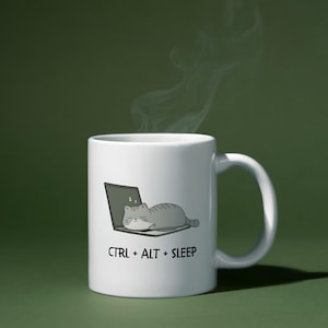 Sleeping Cat Illustration Mug, Cute Napping Cat Ceramic Coffee Cup, Minimalist Gift For Programmers, Cat Lovers, 11oz, 15oz