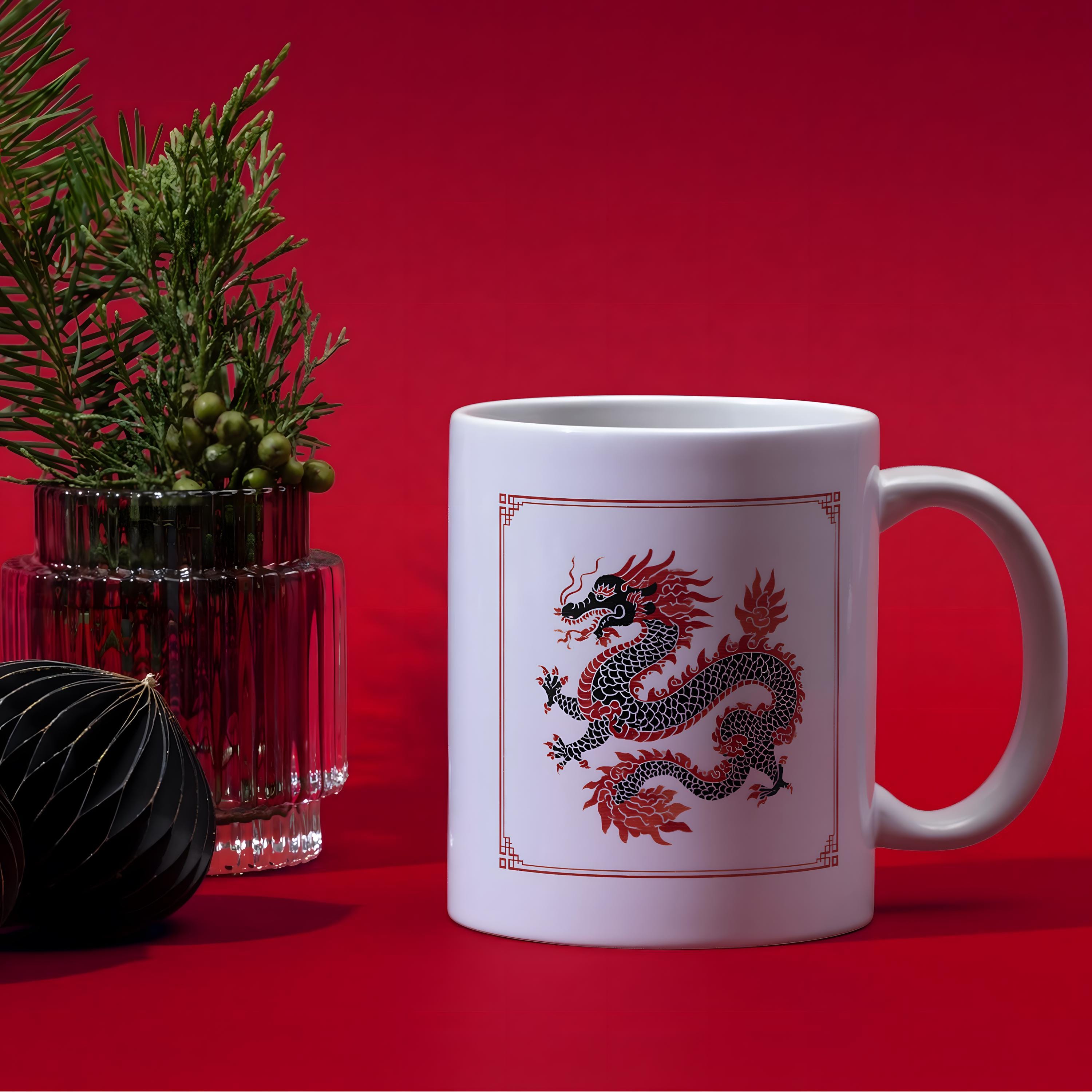 Asian Red Dragon Illustration Mug, Mythical Creature Ceramic Coffee Cup ...