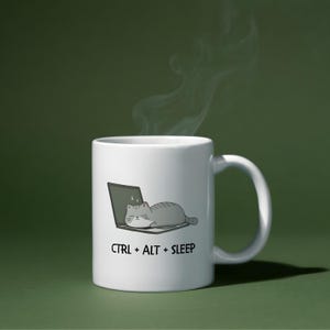 Sleeping Cat Illustration Mug, Cute Napping Cat Ceramic Coffee Cup, Minimalist Gift For Programmers, Cat Lovers, 11oz, 15oz