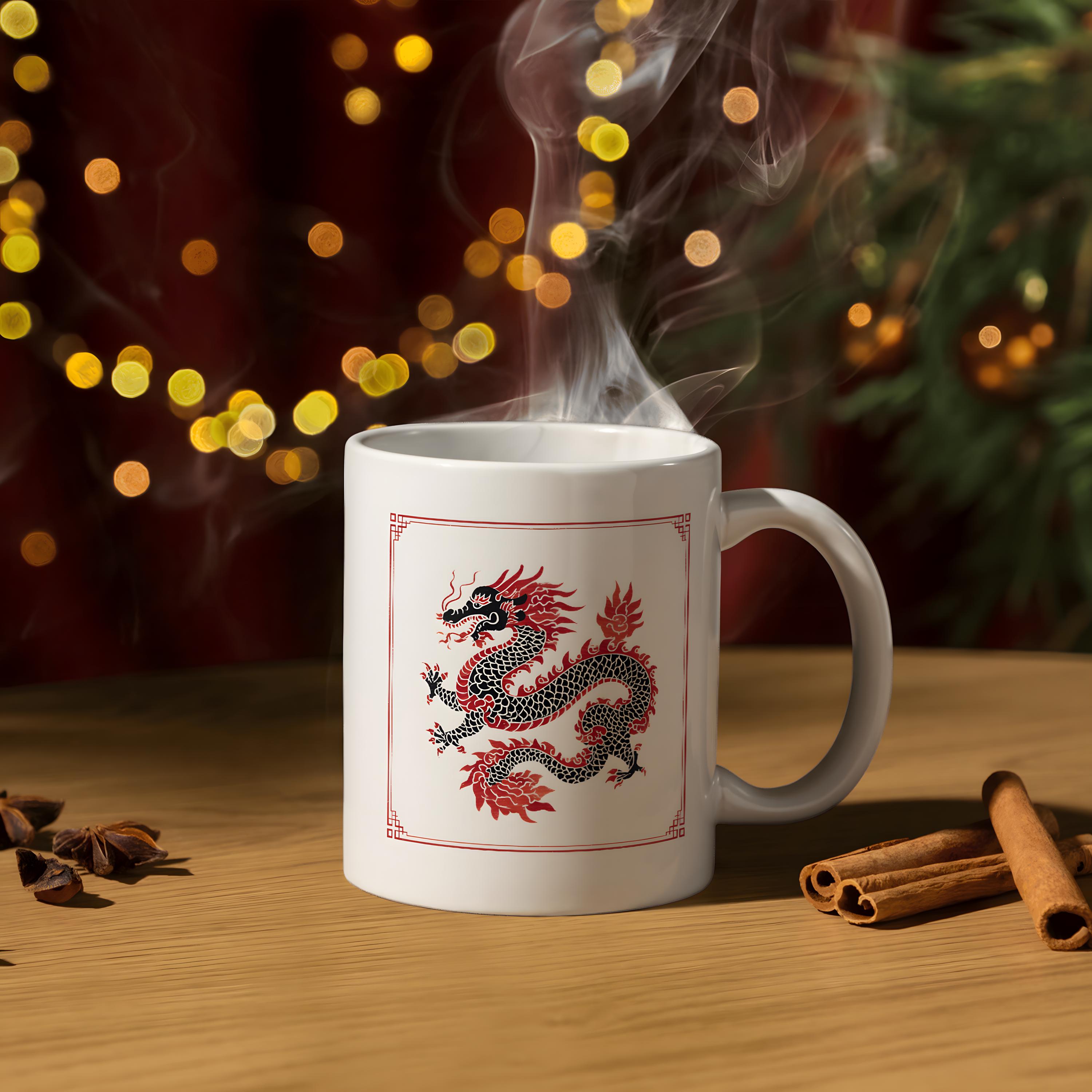 Asian Red Dragon Illustration Mug, Mythical Creature Ceramic Coffee Cup ...