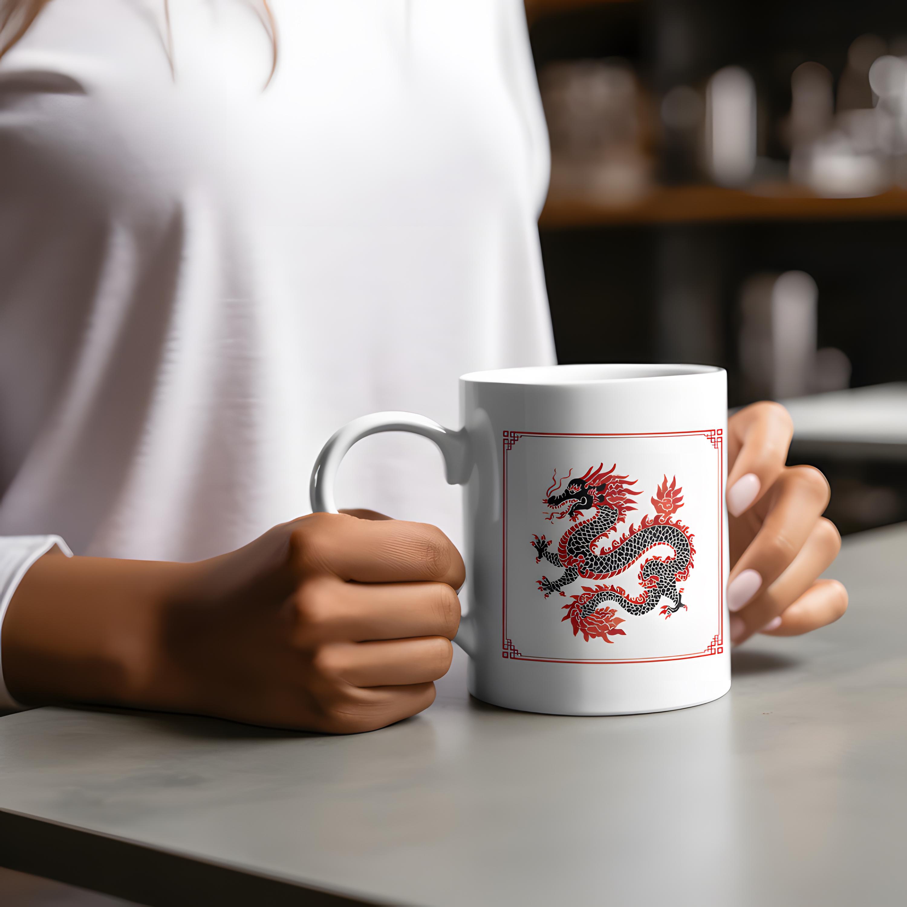Asian Red Dragon Illustration Mug, Mythical Creature Ceramic Coffee Cup ...