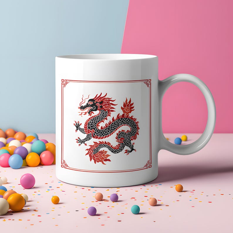Asian Red Dragon Illustration Mug, Mythical Creature Ceramic Coffee Cup ...