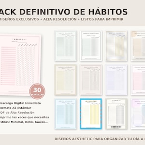 Puede incluir: Un conjunto de plantillas imprimibles para el seguimiento de hábitos en varios colores pastel. La imagen incluye el texto "PACK DEFINITIVO DE HÁBITOS" y "30 DISEÑOS EXCLUSIVOS". Las plantillas están diseñadas para el seguimiento diario y semanal de hábitos.